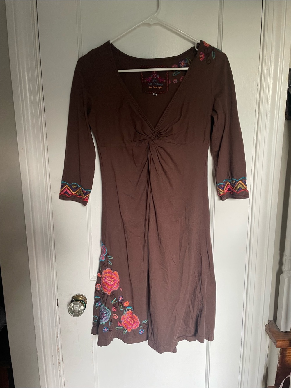 Johnny Was JWLA Embroidered Twist-Front Brown Midi Dress Size XS Floral Cotton
